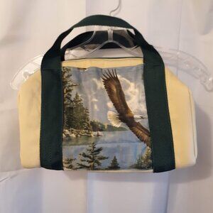 New Denim canvas Mini Duffle Tote Bag Western Eagles Mountains Tan Green arm bag